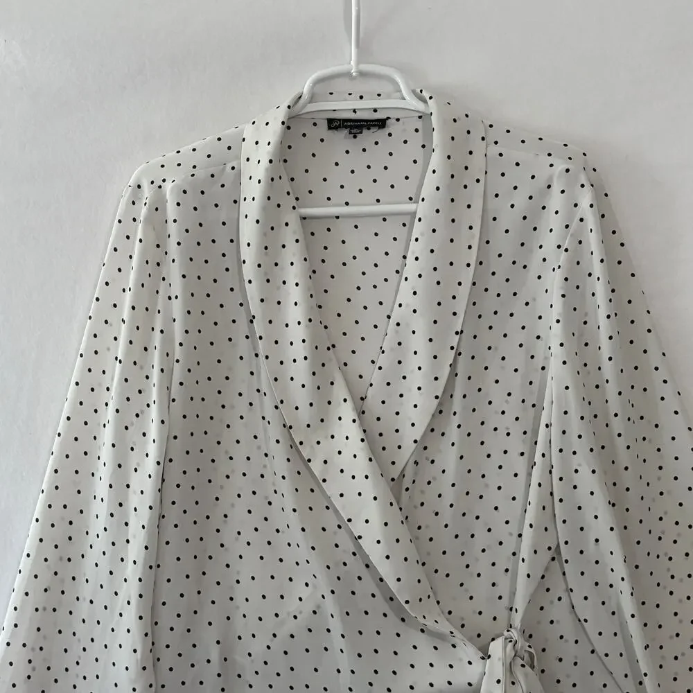 Adrianna Papell Wrap Blouse Womens XL White Black Polka Dots V-Neck Long Sleeve - Picture 3 of 7
